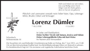Traueranzeige von Lorenz Dümler von Pegnitz-Zeitung